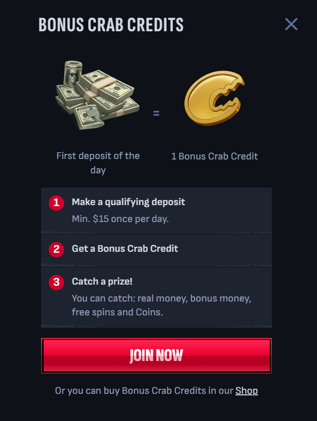 Mafia Casino Bonus Crab Credits — make a qualifying deposit of min. $15 to earn Bonus Crab and catch real money, free spins and coins