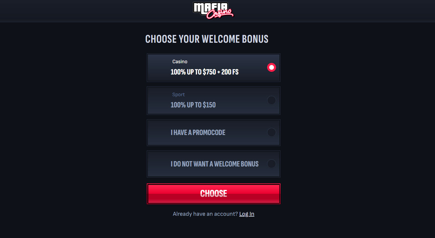 Mafia Casino Canada welcome bonus selection screen — Casino 100% up to C$750 or Sport 100% up to C$150